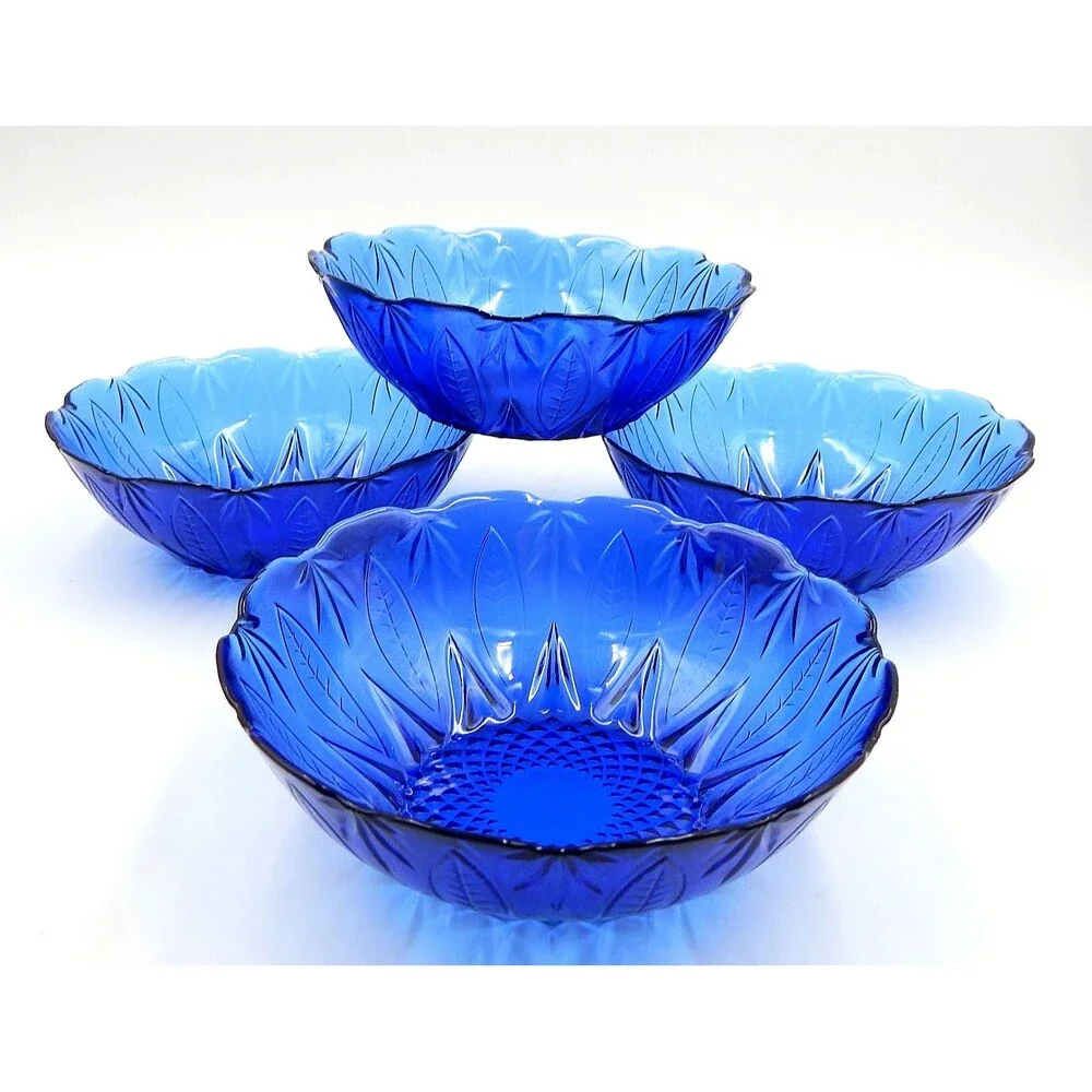 AVON Royal Sapphire Cereal Salad Bowls Cobalt Blue Leaf 6.5 Inch Glass Set of 4